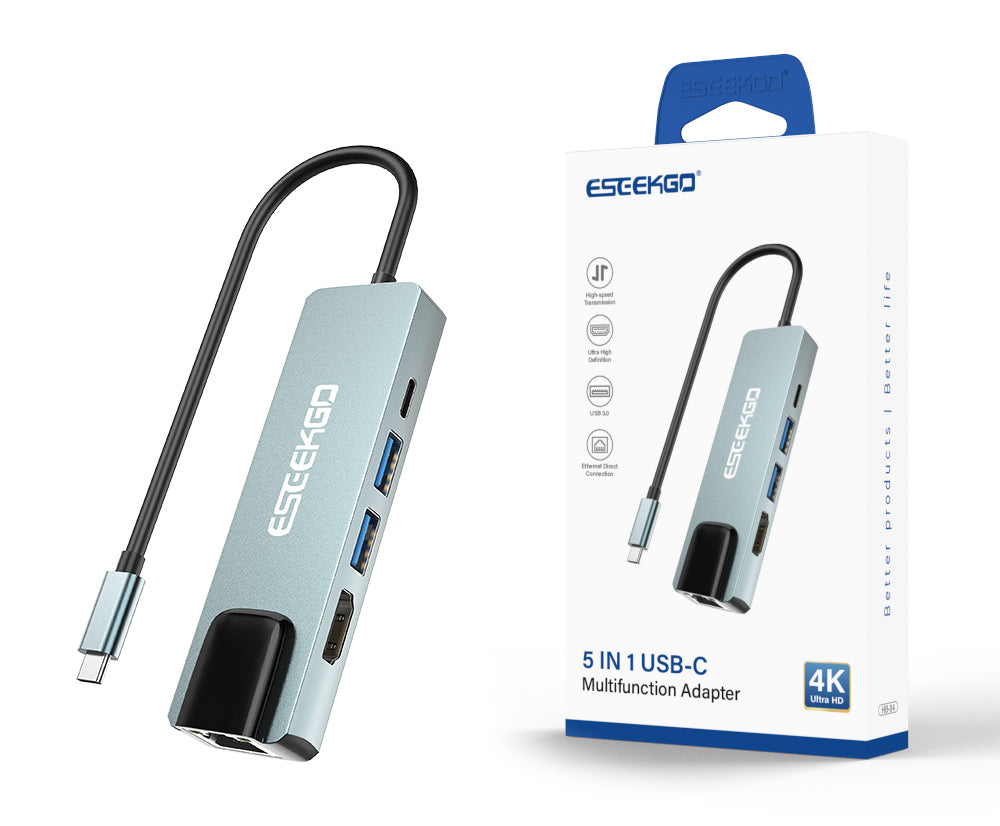 ESEEKGO HB-04 Multifunction Adapter 5 in 1 USB C To HDTV 4K With Ethernet +PD Type C Charging Port +2 UsB 3.0 Hub