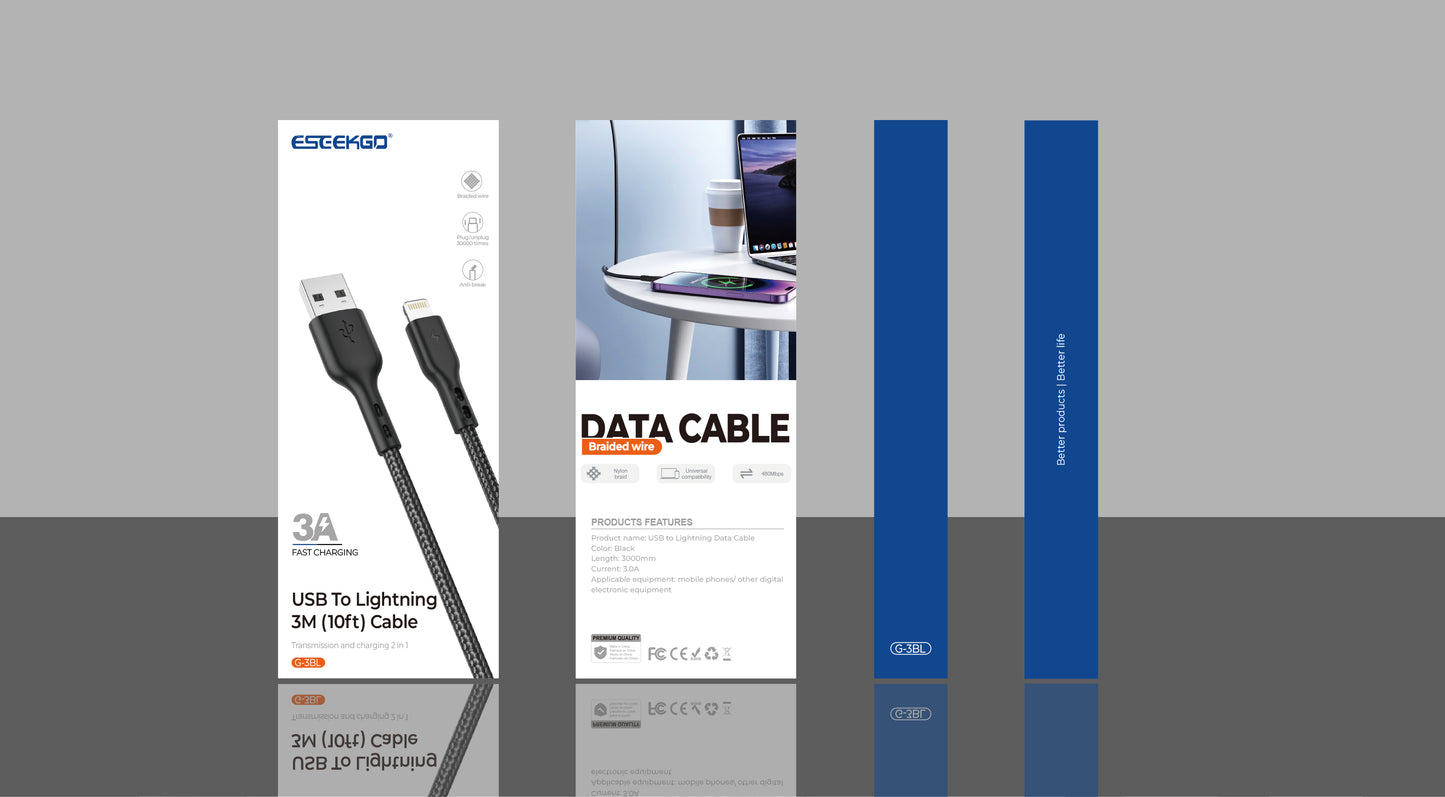 ESEEKGO G-3BL Nylon Braided 3.0A 3m USB to Lightning Data Cable